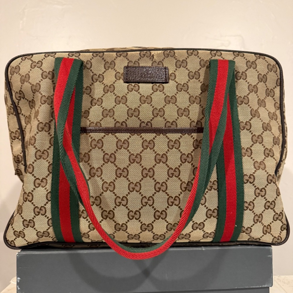 Gucci GG Supreme Web Stripe Shoulder Bag Women Brown Good Vintage Monogram